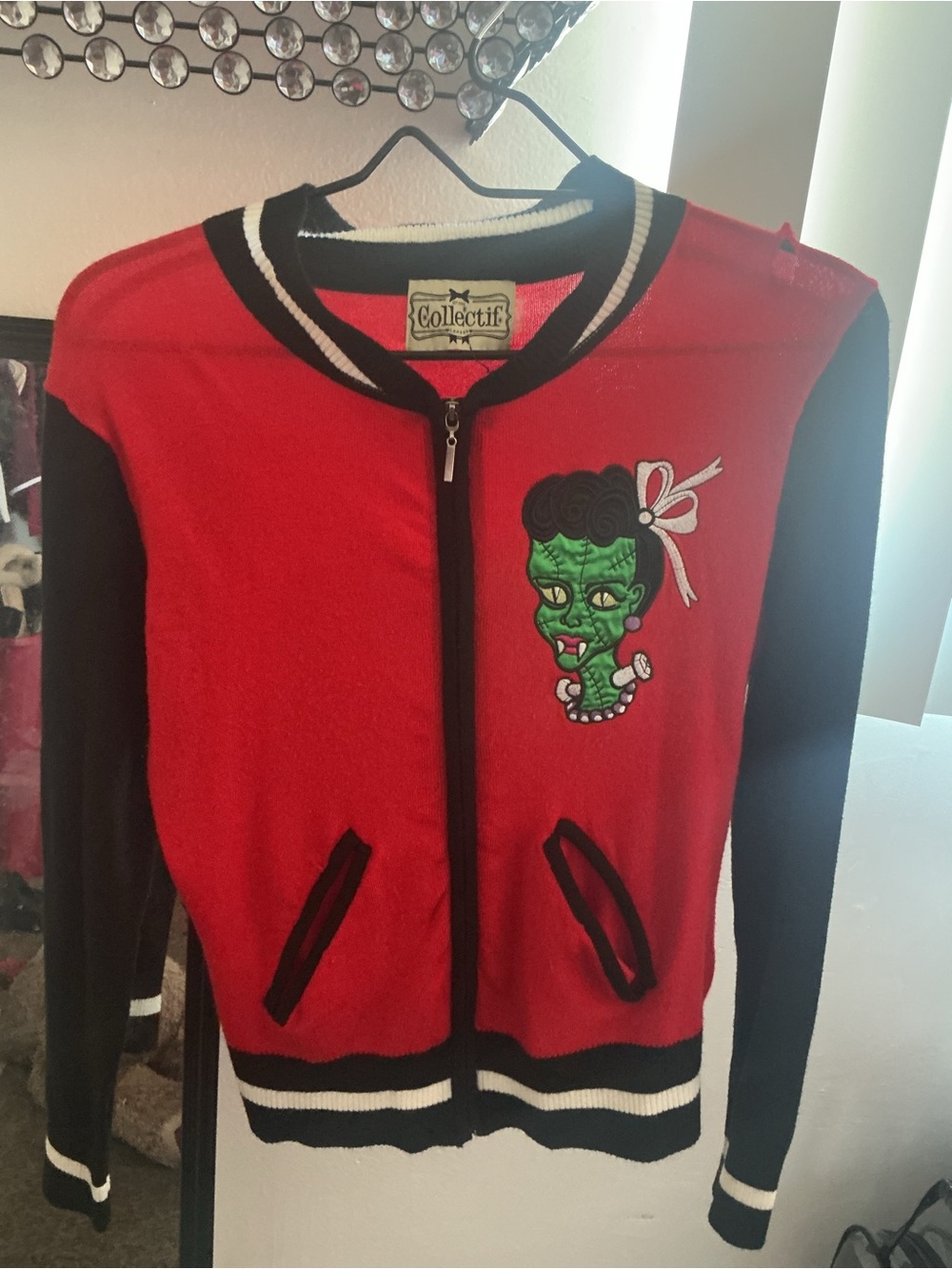 Collectif “Horror Babe” Frankenstein Bride Knit Bomber Jacket- discontinued